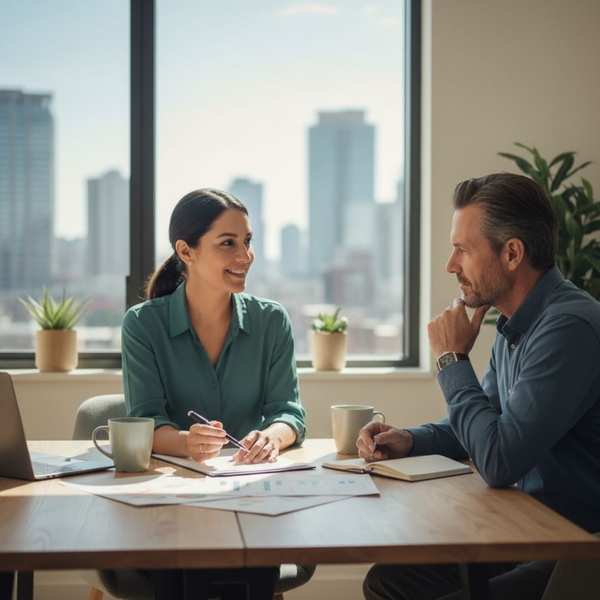 Small business owner consulting with a client in a bright office