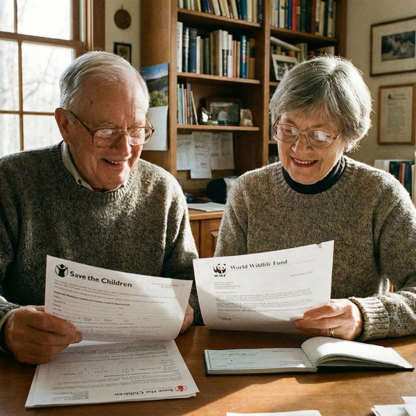 an older couple reviewing documents at a desk