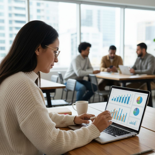 A focused woman in eyeglasses works on a laptop displaying colorful charts and graphs in a bright, modern office environment.