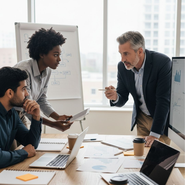 Startup founders discussing business plan with mentor