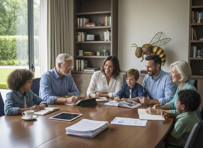 A diverse, multi-generational family, including grandparents, parents, and two children, smiling and engaged in a discussion at a large wooden table. Multi-generational family discussing around a table