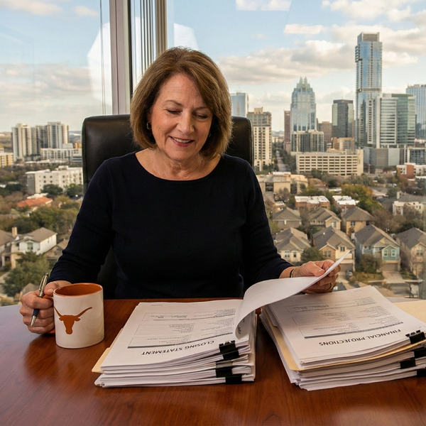 a lady reviewing closing documents and financial projections