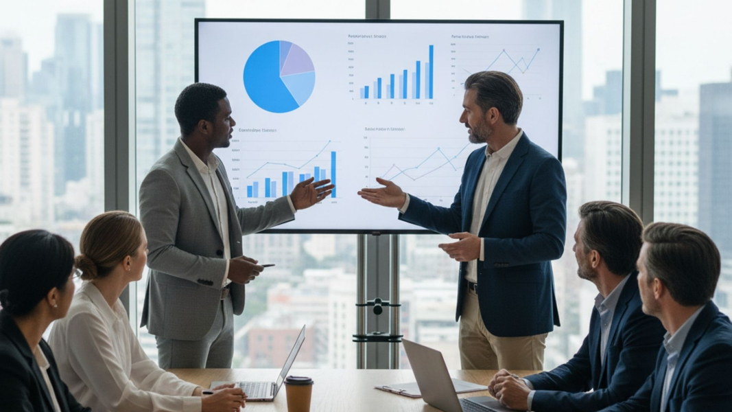 A diverse team collaborating around a table in a modern office