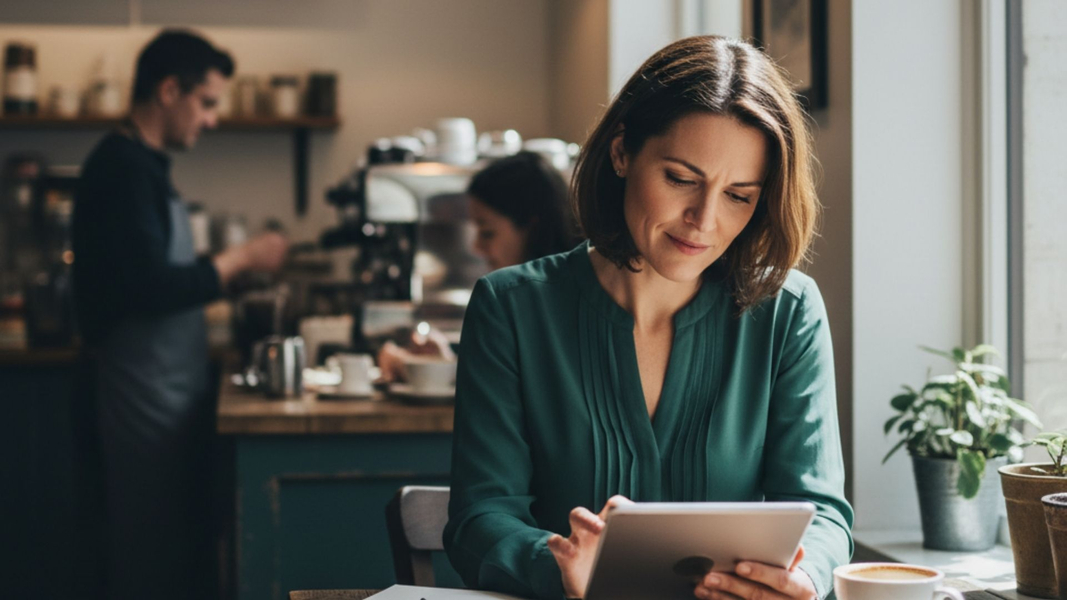 A woman sitting in a cafe works on a tablet with a cup of coffee nearby.