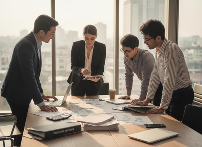 Four diverse business professionals collaborating around a conference table, analyzing financial reports and data in a modern office. Business Team Reviewing Financial Records