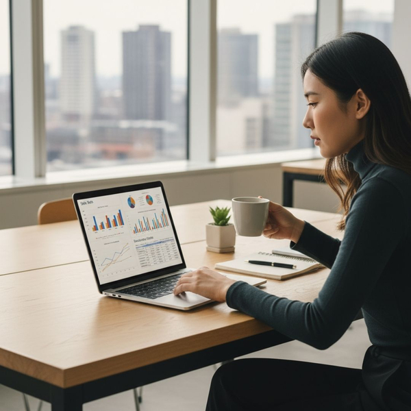 Entrepreneur reviewing sales data on a laptop in a modern office