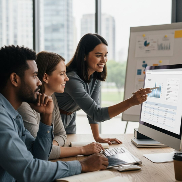 Three diverse business people are collaborating and pointing at a computer screen showing data.