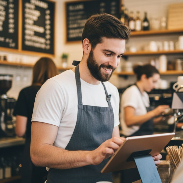 Barista taking an order on a tablet in a bustling coffee shop