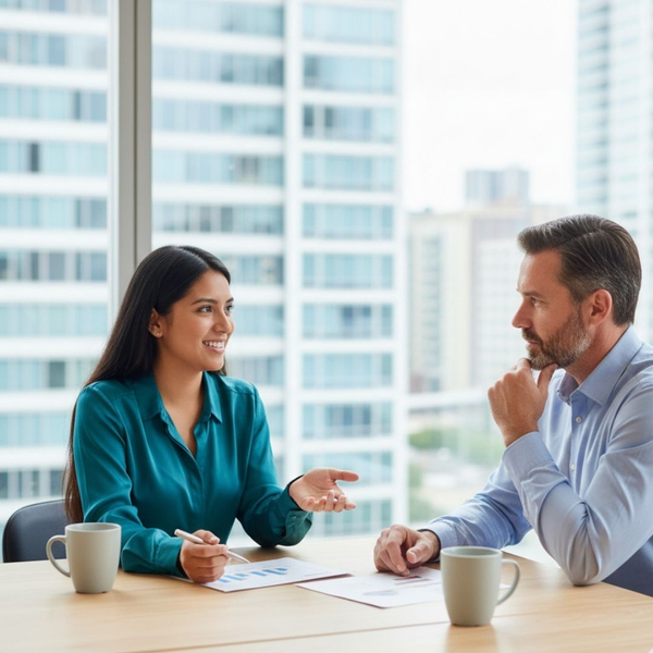 Small business owner consulting with a client in a bright office