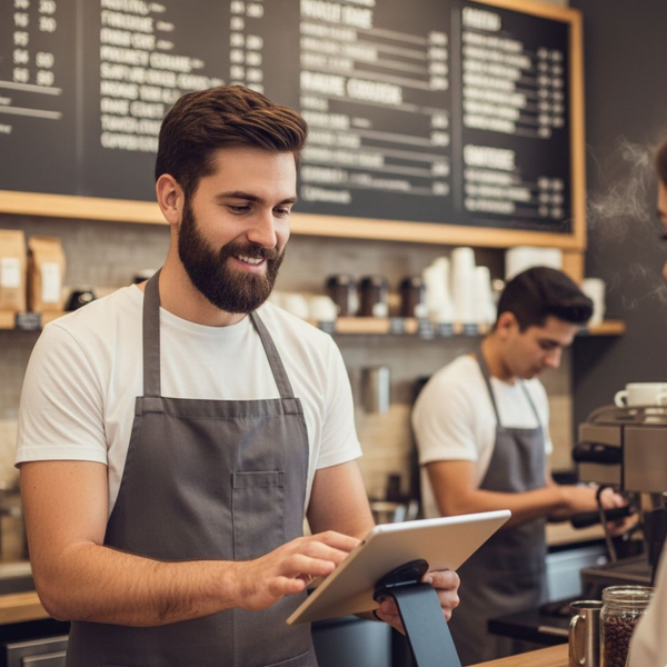 Barista taking an order on a tablet in a bustling coffee shop