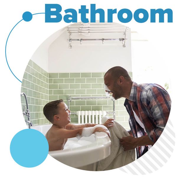 Bathroom - collage of a father laughing while bathing son in tub