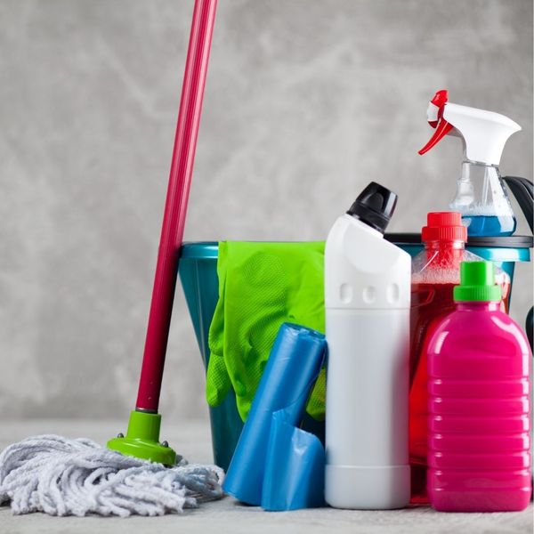 various cleaning supplies and products