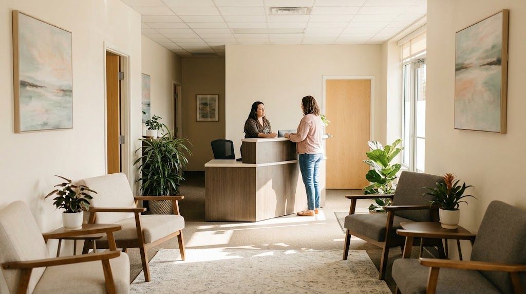 A welcoming and naturally lit lobby of a Chicago mental health clinic where a staff member engages with a visitor near the reception desk. Understanding The Empathetic Approach of E.M. Branch & Associates -image1.jpeg