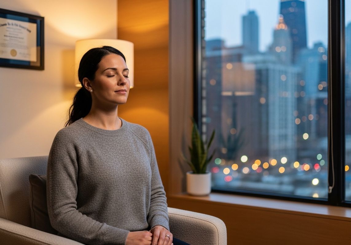 A serene woman practicing guided relaxation in a comfortable Chicago therapy office with a view of the city skyline, representing clinical hypnotherapy for depression
