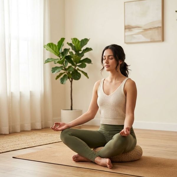 A woman in comfortable clothing holds a peaceful yoga pose in a softly lit, uncluttered studio.