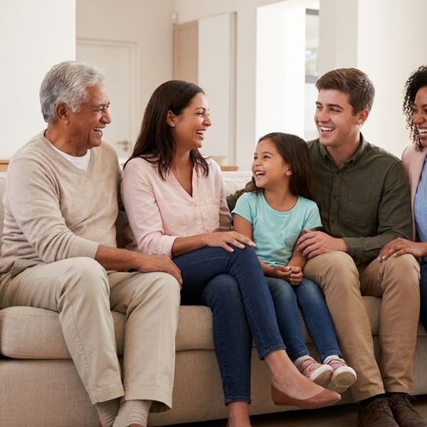A family sits closely together on a sofa, laughing and interacting happily in a warm living room.