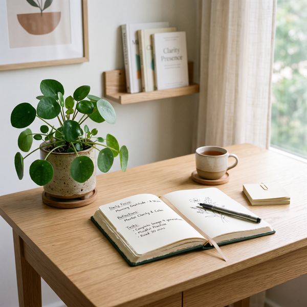 [A clear, organized desk with a neat journal and a healthy indoor plant, representing mental clarity and emotional focus.