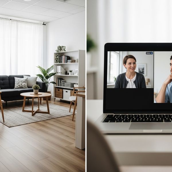 A split-view showing a modern therapy office interior and a high-quality laptop screen displaying a virtual counseling session
