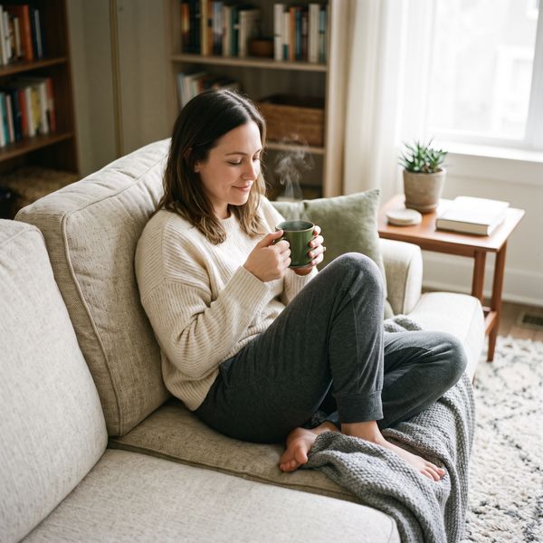 A calm individual enjoying a warm cup of tea on a comfortable sofa, looking completely relaxed and stress-free.