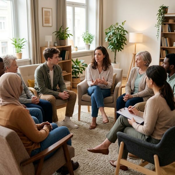 A group therapy session of diverse participants sitting in a circle, sharing and engaging in a supportive and inclusive therapeutic environment.-image3.jpeg