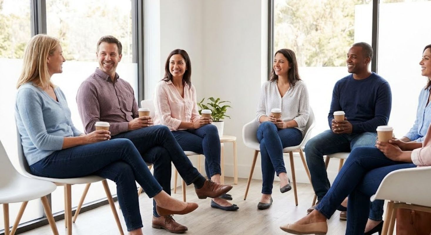 A group of people engaged in warm conversation within a naturally lit therapy waiting area.