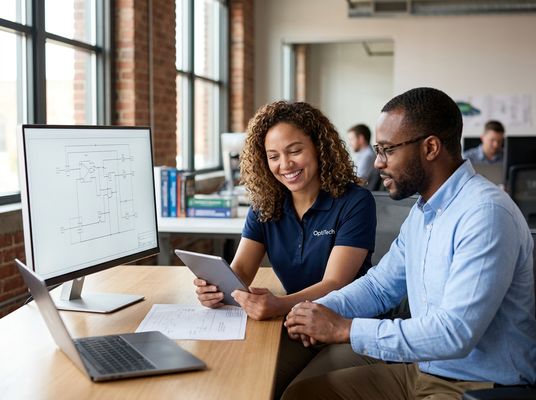 A woman and a man from OptiTech collaborate happily, looking at a tablet at their desk, with a monitor displaying a technical schematic. OptiTech colleagues collaborating on a project