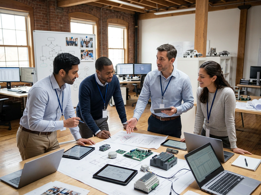 A diverse team of four engineers reviews electronic designs and blueprints on a table with laptops, tablets, and hardware components in a modern office. Engineers collaborating on electronic designs