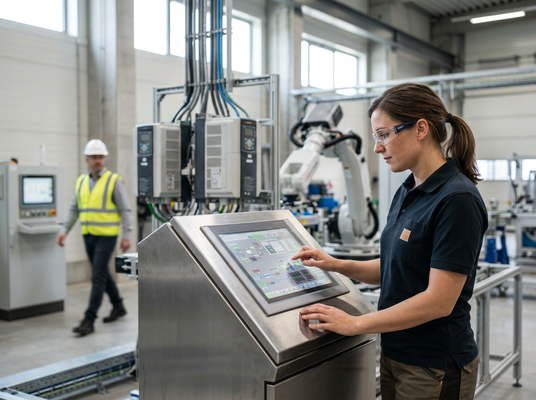 A woman in safety glasses operates a touchscreen panel in a factory, with another worker and machinery in the background. Female Engineer Operating Industrial Control Panel