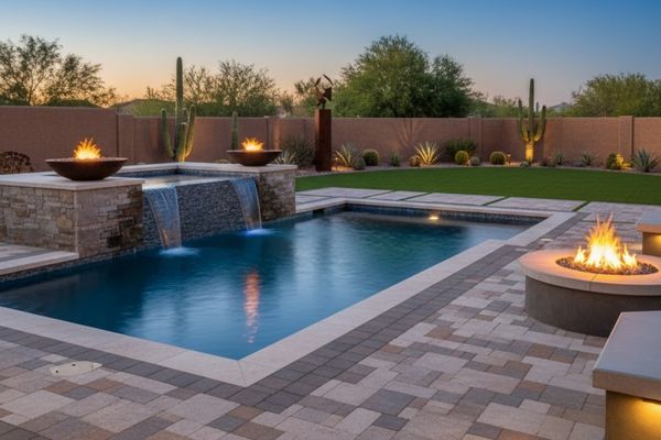 A luxurious custom hardscaped backyard at dusk, featuring a swimming pool with water features, a built-in fire pit with glowing flames, intricate stone paving, and illuminated desert landscaping