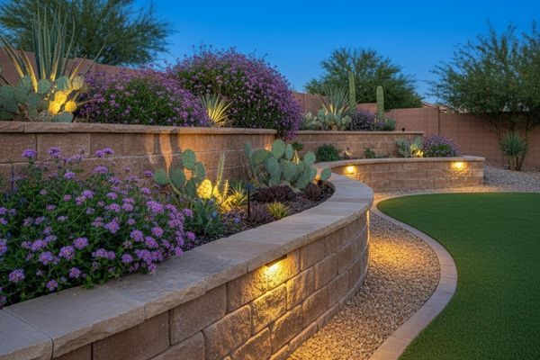 Beautifully constructed tiered retaining walls made of stone blocks, illuminated by subtle landscape lighting, featuring lush desert plants and purple flowering bushes, next to a manicured artificial turf lawn and a gravel path at twilight