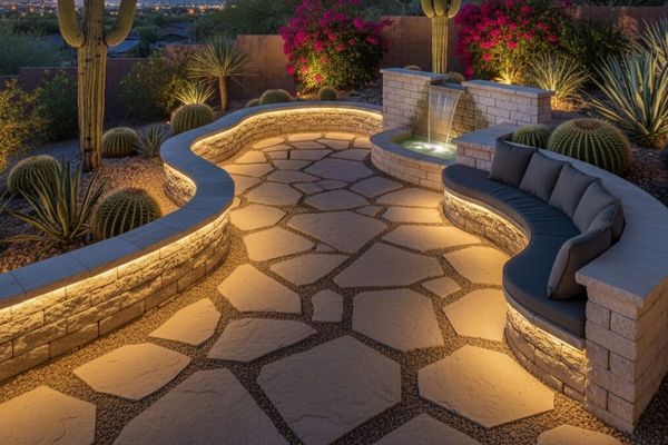 A beautifully designed backyard patio featuring a winding, irregularly paved stone path bordered by low, illuminated stone walls that incorporate a cascading water feature and a curved built-in bench with cushions