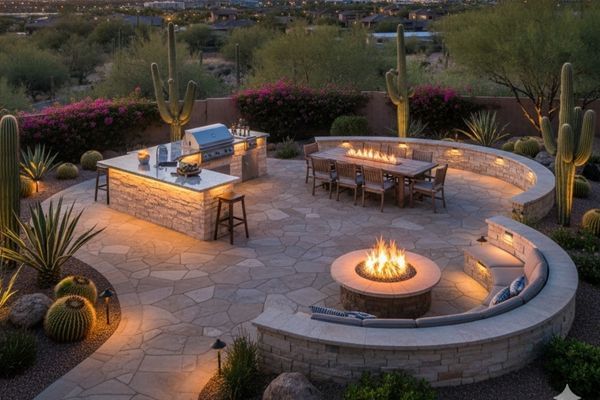 An expansive, irregularly shaped stone patio with a built-in outdoor kitchen and barbecue, a large rectangular dining table with a linear fire feature, and a curved seating area with a central fire pit