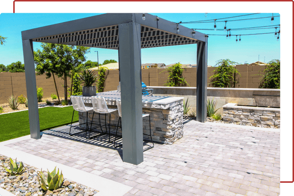 pergola with hardscaping bar and stools