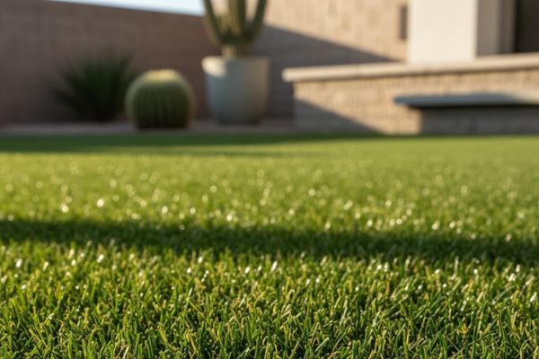 vibrant green artificial turf, showing individual blades of grass, with a blurred background of a modern backyard landscape