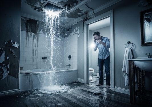 A man calls for help while standing in his flooded bathroom, water pouring from a hole in the ceiling. Bathroom Water Damage Emergency