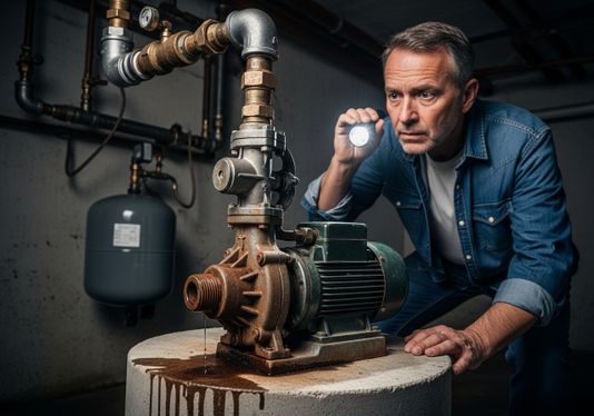 A concerned man in a denim shirt shines a flashlight on a rusty water pump that is leaking onto a concrete base in a dimly lit basement, with various pipes and a gray pressure tank visible in the background, suggesting a potential plumbing issue. Man Inspecting Leaky Water Pump with Flashlight