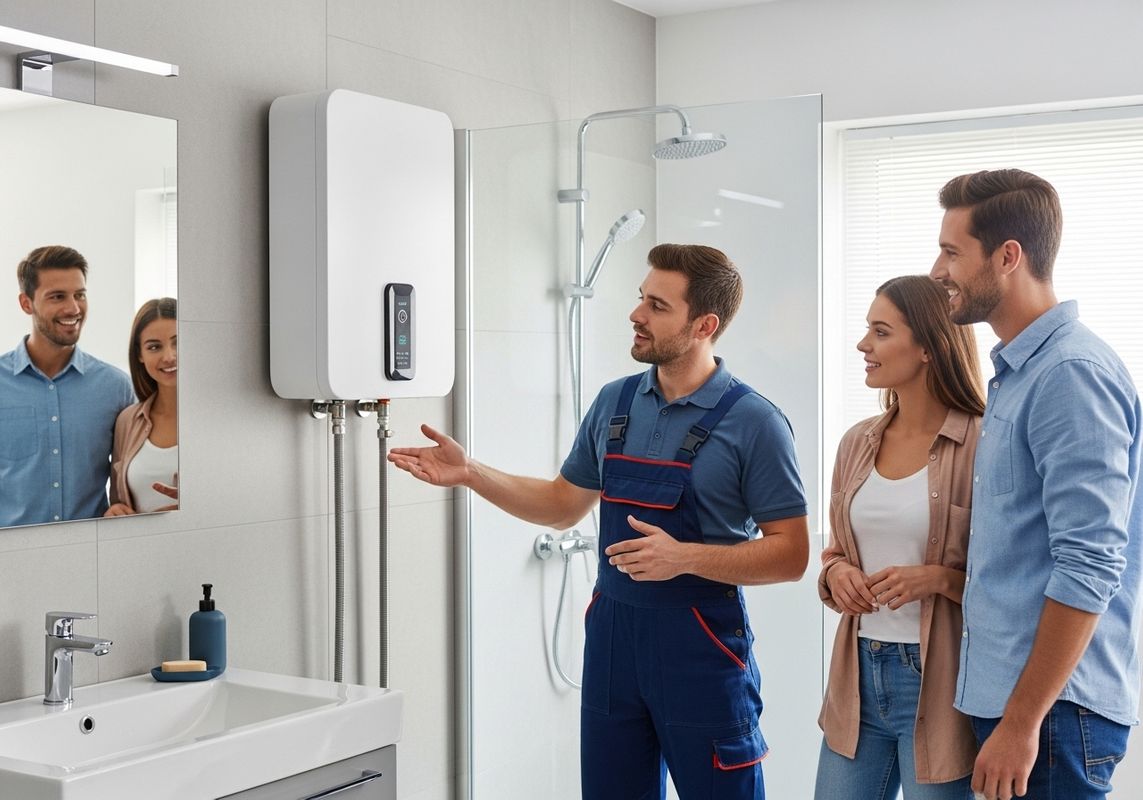 In a modern bathroom, a plumber in blue overalls gestures towards a newly installed white water heater mounted on a tiled wall, explaining its features to a young couple, with their reflections visible in a large mirror above the sink. Plumber Explaining New Water Heater to Couple