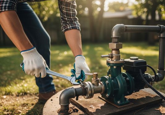 A person wearing a plaid shirt, jeans, and work gloves is using a wrench to tighten or loosen a fitting on a green well pump, with the sun shining in the background. Repairing Well Pump with Wrench