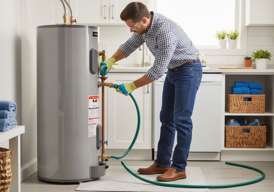 A man wearing safety glasses, jeans, and a checkered shirt is flushing a water heater in a laundry room. He's connecting a green hose to the water heater to drain it for maintenance. Man flushing a water heater