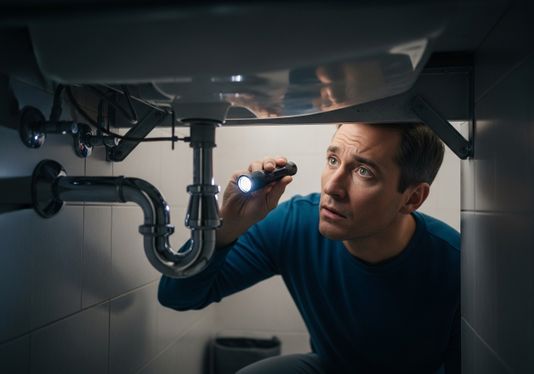 A concerned man in a blue long-sleeve shirt shines a flashlight under a bathroom sink, focusing on the pipes and connections, likely searching for a leak or blockage. Man Inspecting Under Sink with Flashlight