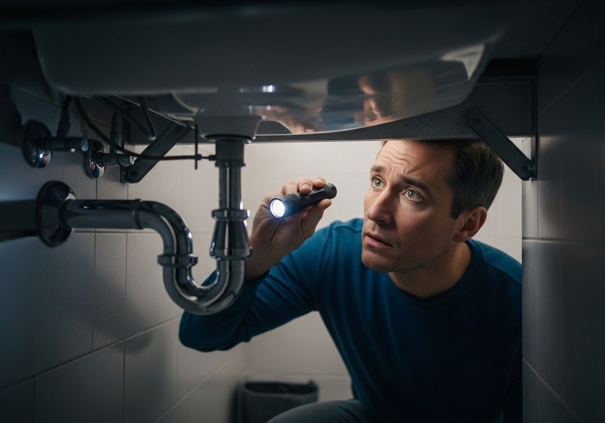 Man Inspecting Under Sink with Flashlight