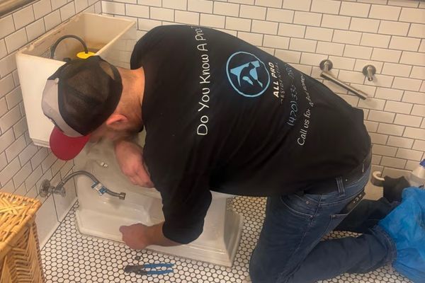 Employee repairing a toilet 