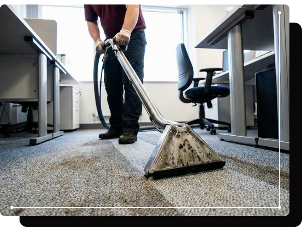 A close-up shot of a professional carpet cleaning wand with a clear head being used on a grey office carpet. The wand is extracting dirty water, leaving a clean path behind. A worker wearing gloves is operating the equipment. Office desks and chairs are in