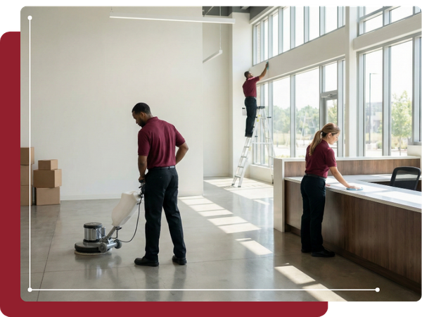 A cleaning team of three people in maroon polo shirts working in a bright, empty office space with large windows. One man uses a floor buffer on polished concrete floors, another man is on a ladder cleaning high windows, and a woman wipes down a reception 