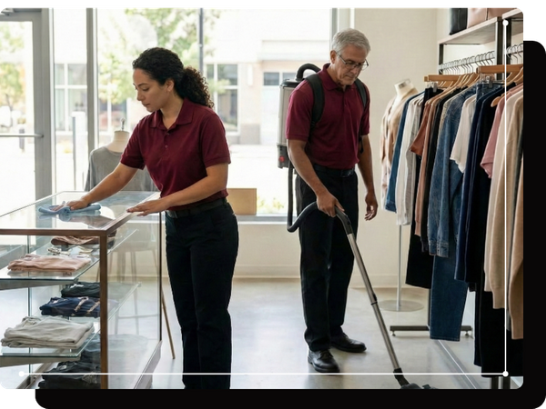 A cleaning team of two people in maroon polo shirts working in a retail clothing store. A woman is wiping down a glass display case, while an older man with a backpack vacuum cleaner cleans the floor near racks of clothing. The store is well-lit with natur