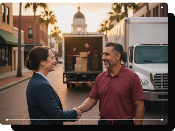 a professional mover shaking hands with a business representative