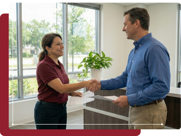 A woman in a maroon polo shirt shaking hands with a man in a blue button-down shirt in a sunlit office lobby. They are standing near a reception desk and holding documents, with a large window and potted plant in the background.