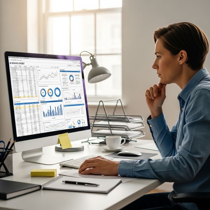 person looking at financial reports on a computer