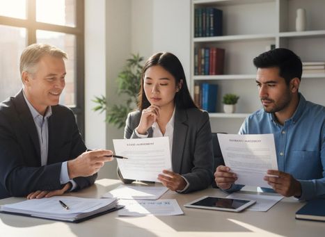 A smiling man points to a lease agreement held by a woman, while another man reviews a guaranty agreement at a table in an office. Three business professionals review lease and guaranty agreements