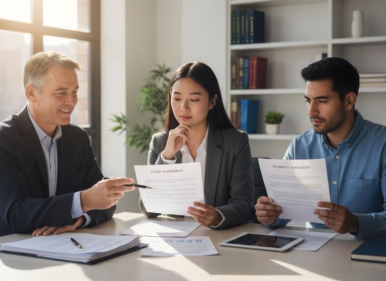 Three business professionals review lease and guaranty agreements